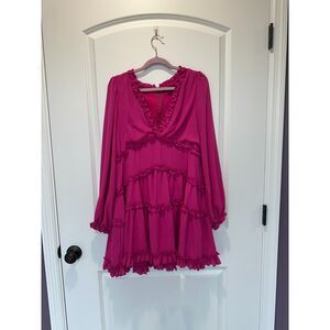 Lulus Simply Darling Ruffled Long Sleeve Hot Pink Dress Size Large